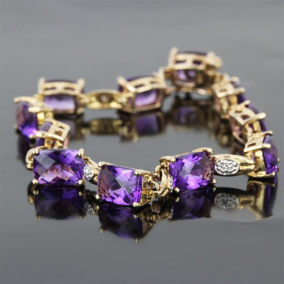 Vintage 10K Yellow Gold Purple Amethyst Diamond Anniversary Birthstone Bracelet - Picture 1 of 9